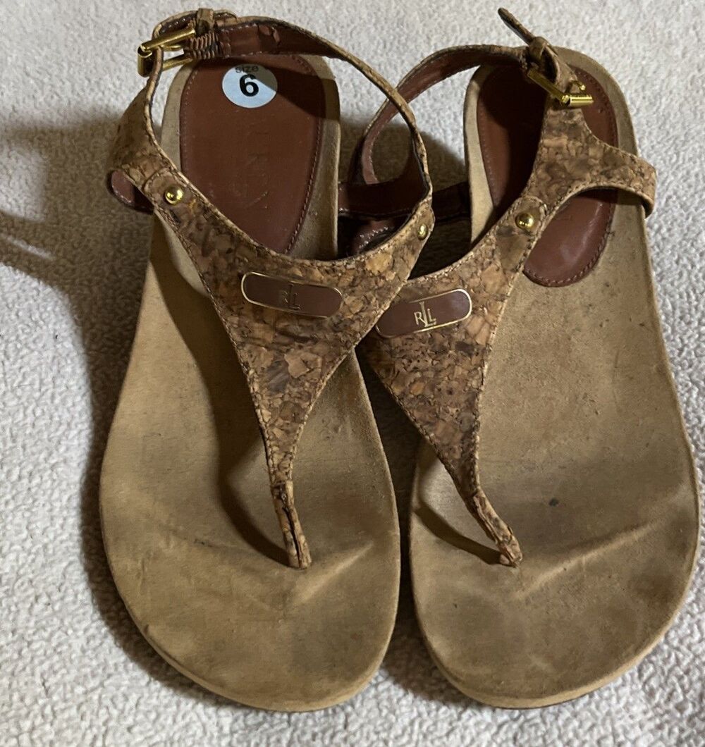 Lauren Ralph Lauren Sandals Women's 6 Tan Wedge Sandals Cork Strap Thong Slides - Picture 7 of 7